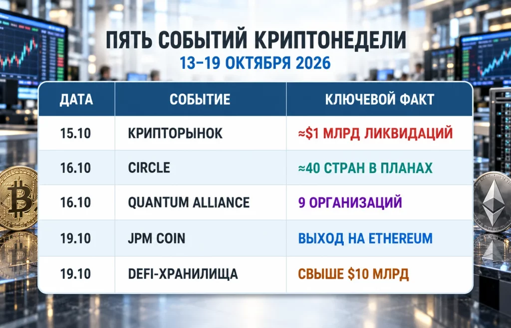 Таблица с датами и ключевыми фактами распродажи криптовалют, планов Circle, Quantum Alliance, JPM Coin и DeFi