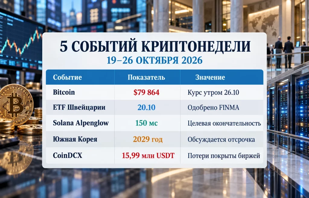 Дайджест криптоновостей за 26.10.2026: BTC ниже $80 000 2 Таблица пяти событий крипторынка с курсом Bitcoin, обновлением Solana, решением FINMA и потерями CoinDCX