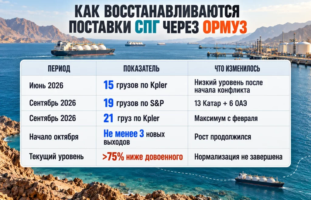 Поставки СПГ через Ормуз растут, но риски остаются 1 Таблица поставок СПГ через Ормуз с июня по октябрь 2026 года