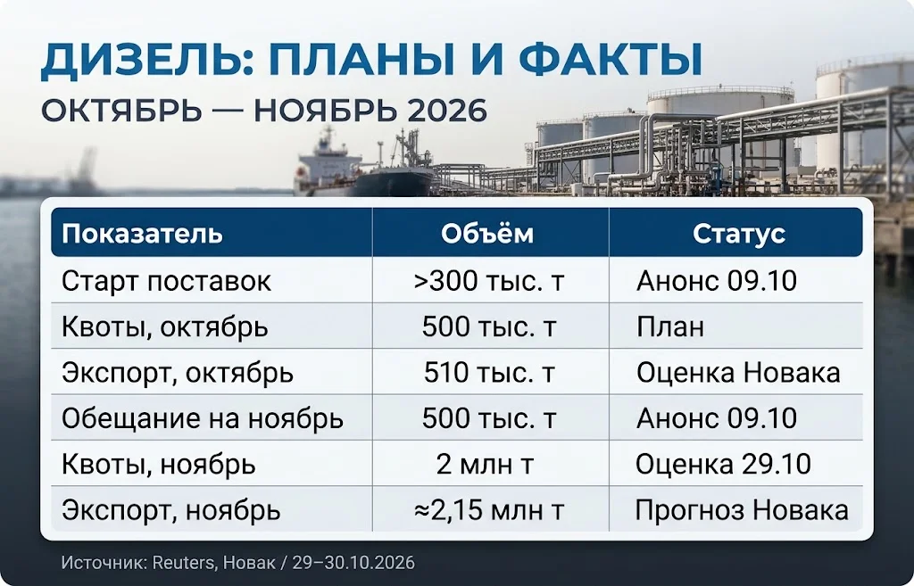 Таблица поставок российского дизеля в октябре и ноябре 2026 года с квотами, прогнозами и заявленными объёмами