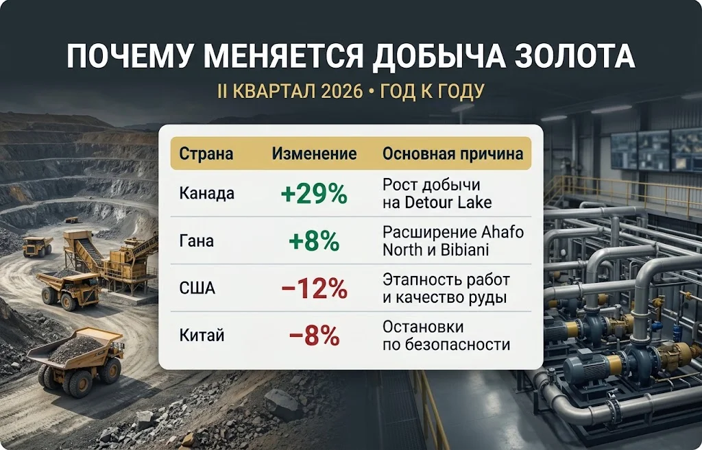 Таблица роста и снижения золотодобычи в Канаде, Гане, США и Китае во втором квартале 2026 года