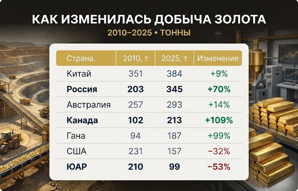 Таблица объёмов добычи золота в Китае, России, Австралии, Канаде, Гане, США и ЮАР