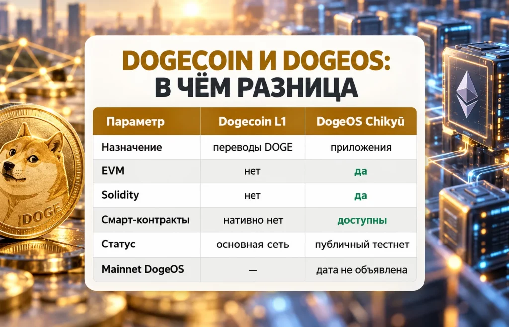Сравнение Dogecoin L1 и DogeOS Chikyū по EVM и смарт-контрактам