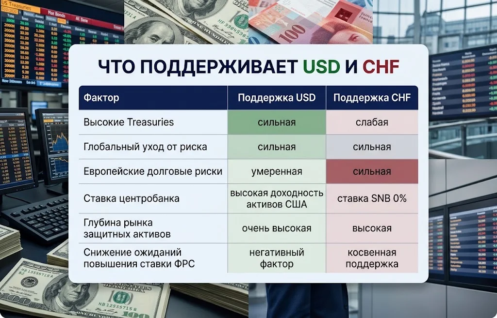 Сравнение факторов поддержки доллара США и швейцарского франка