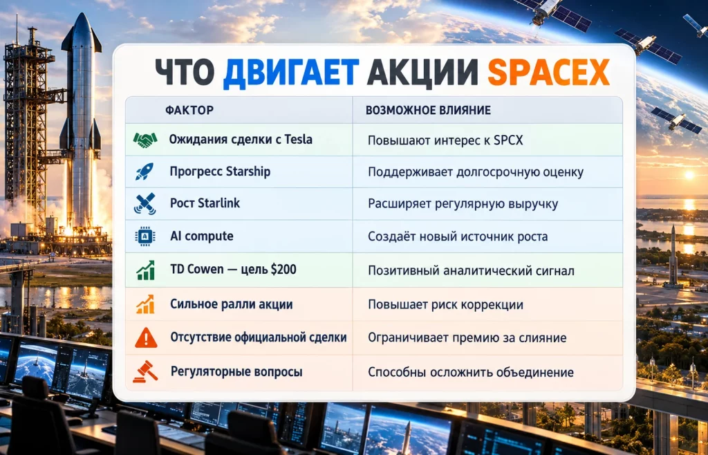 Факторы поддержки и риски для акций SpaceX после роста SPCX
