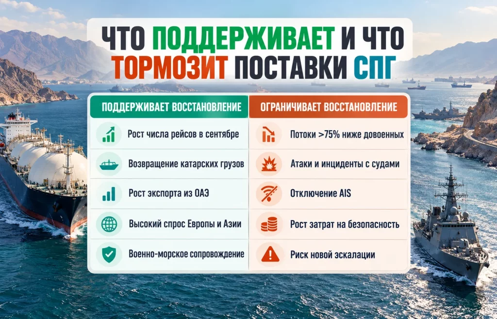 Поставки СПГ через Ормуз растут, но риски остаются 2 Таблица факторов восстановления и рисков для поставок СПГ через Ормуз