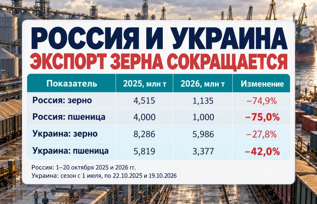Таблица сокращения экспорта пшеницы и зерна из России и Украины по доступным данным октября 2026 года