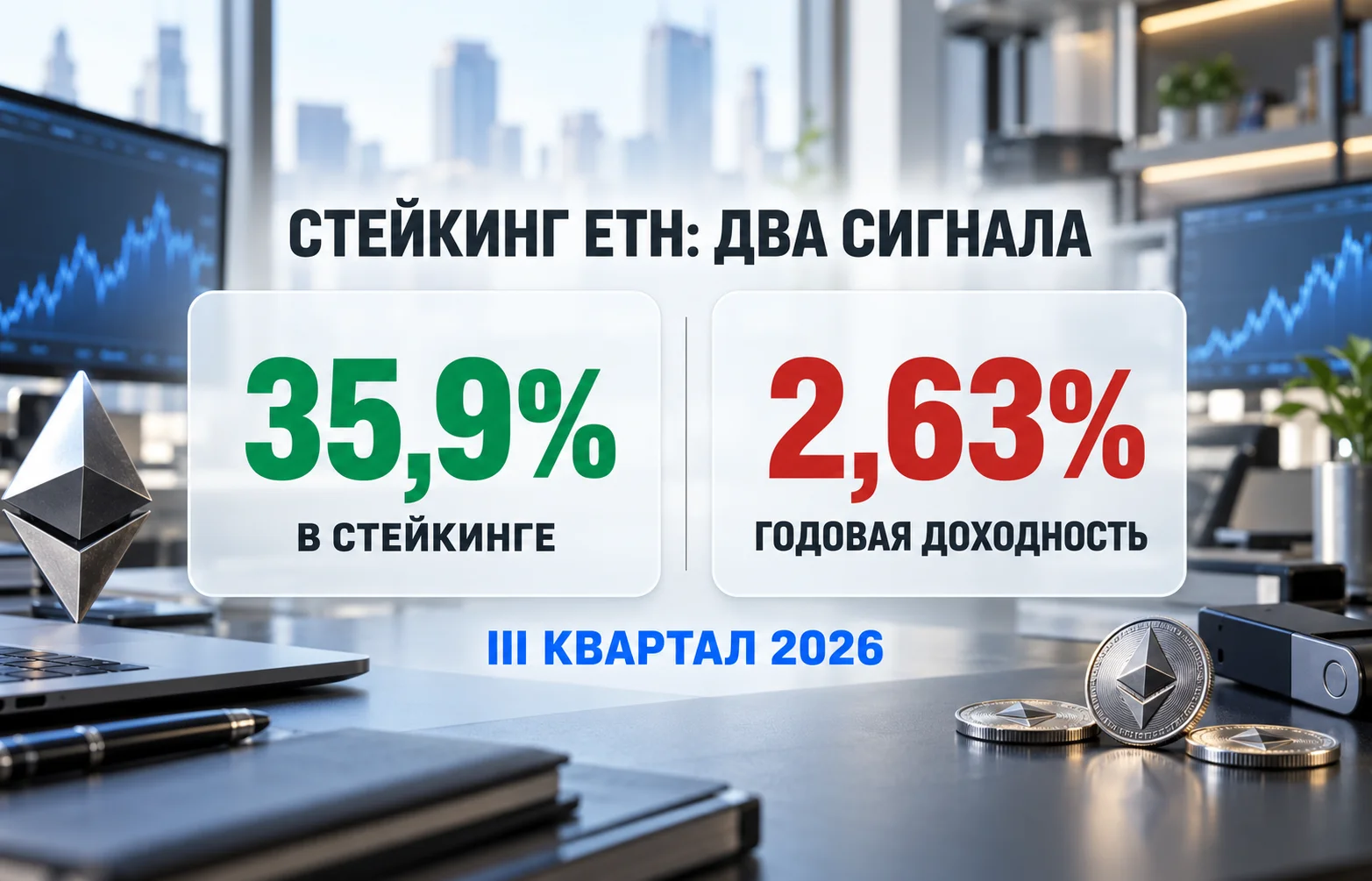 Стейкинг Ethereum: рекорд 43,8 млн ETH и падение доходности