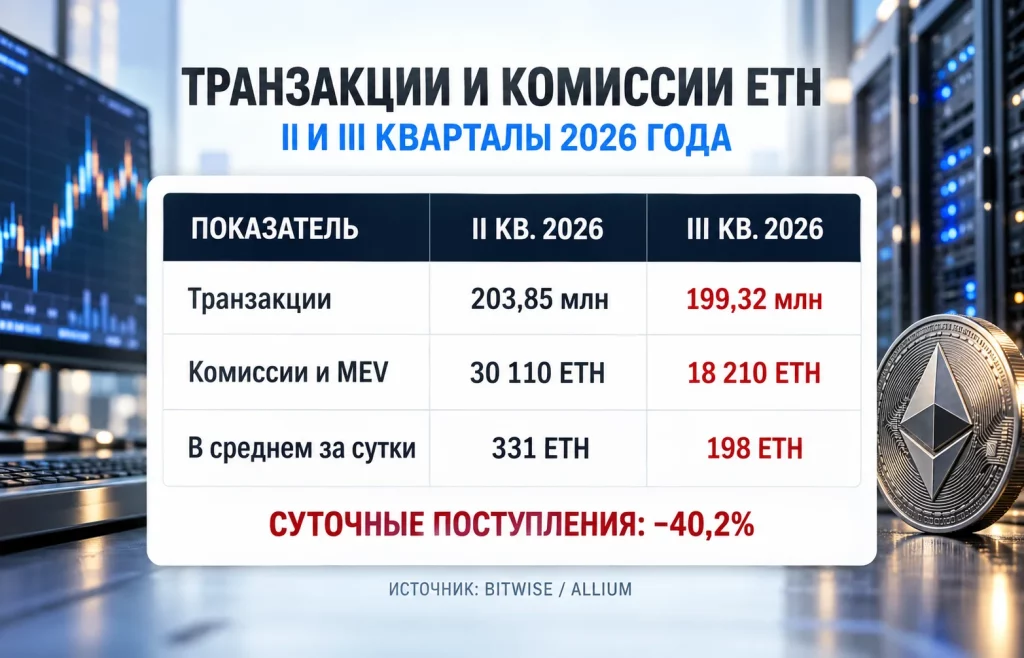 Таблица количества транзакций Ethereum и комиссий с MEV за II и III кварталы 2026 года