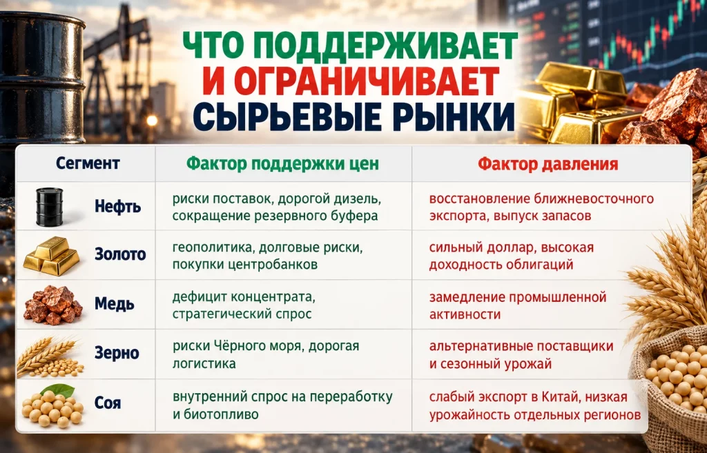 Сравнение факторов поддержки и давления на нефть, золото, медь, зерно и сою