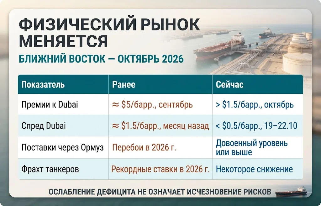 Сравнение премий к Dubai, календарного спреда, поставок через Ормуз и танкерного фрахта