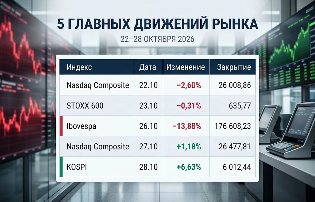 Таблица изменений Nasdaq Composite, STOXX 600, Ibovespa и KOSPI по пяти торговым сессиям октября 2026 года