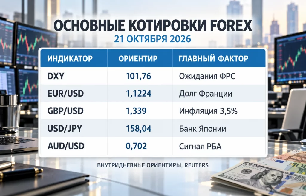Таблица ориентиров DXY, EUR/USD, GBP/USD, USD/JPY и AUD/USD за 21 октября 2026 года