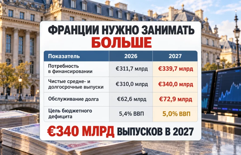 Сравнение потребности Франции в финансировании и обслуживания госдолга в 2026 и 2027 годах