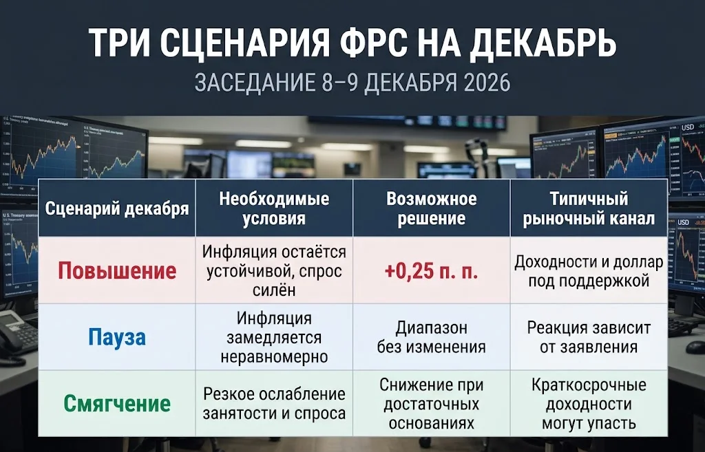 Повышение, сохранение и снижение ставки ФРС в декабре 2026 года с условиями и рыночными последствиями