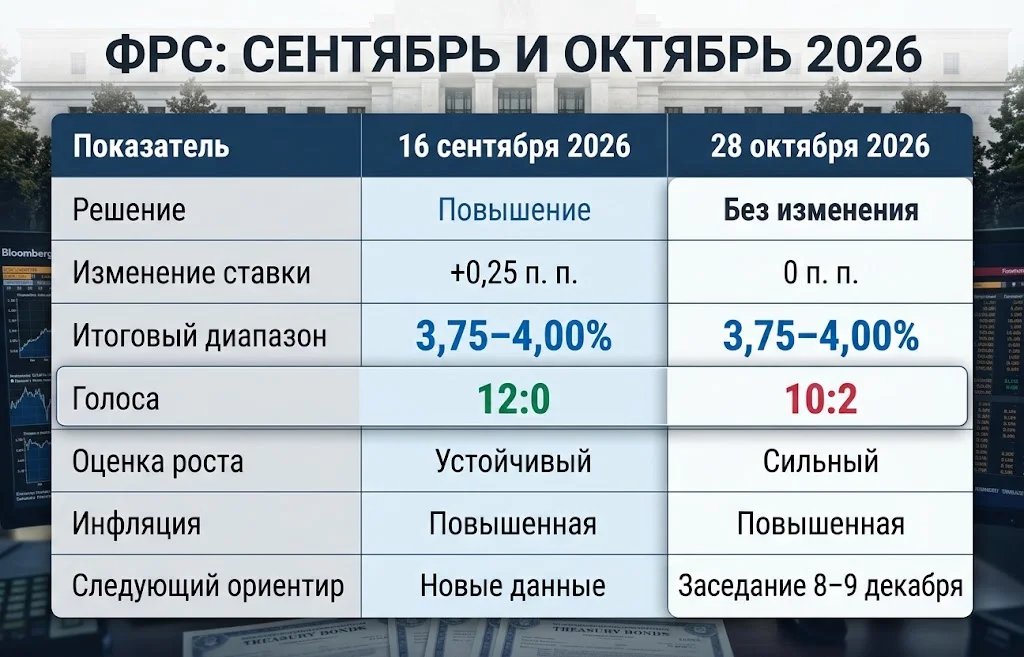 Таблица решений ФРС за сентябрь и октябрь 2026 года со ставкой 3,75–4% и голосованием