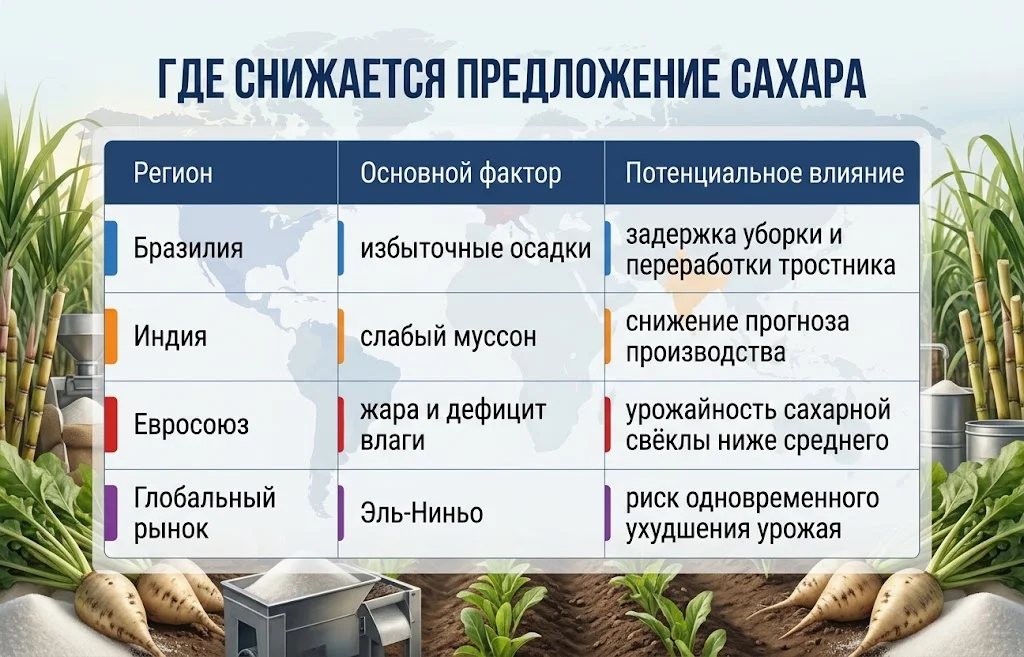 Таблица погодных рисков для производства сахара в Бразилии, Индии и Евросоюзепредложения по сахару
