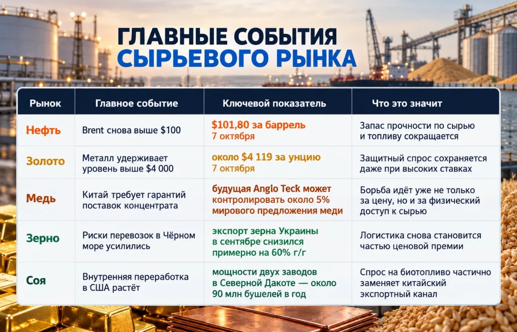 Таблица главных событий на рынках нефти, золота, меди, зерна и сои за 1–7 октября