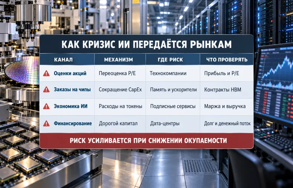 Таблица четырёх механизмов распространения кризиса ИИ через акции, чипы, подписки и финансирование