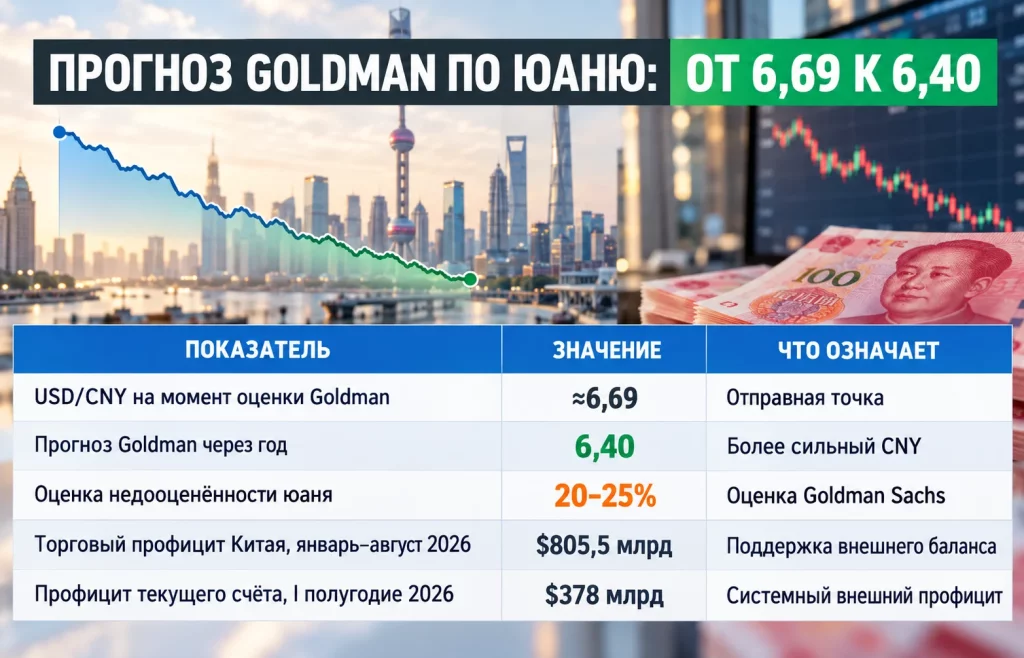 Таблица прогноза USD/CNY до 6,40 и ключевых показателей внешнего баланса Китая