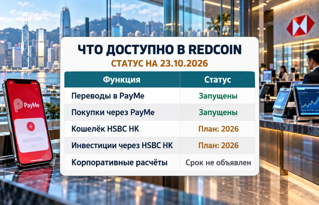 Таблица возможностей HSBC RedCoin с доступными переводами PayMe и запланированными инвестиционными функциями