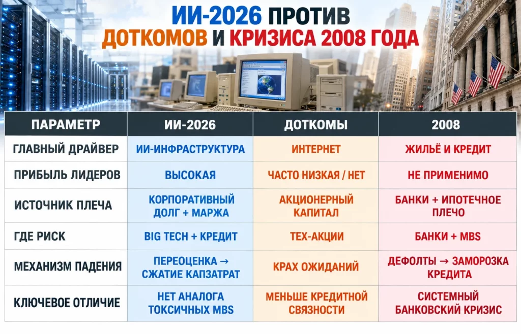 Пузырь ИИ на триллионы долларов: чем его крах грозит мировой экономике? 4 Сравнение ИИ-бума 2026 года с пузырём доткомов и финансовым кризисом 2008 года