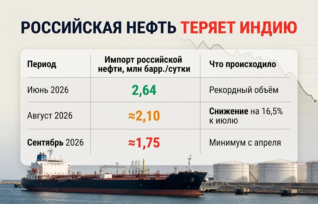 Москва теряет Нью-Дели? Импорт российской нефти в Индию резко снижается 1 Динамика импорта российской нефти Индией с июня по сентябрь 2026 года