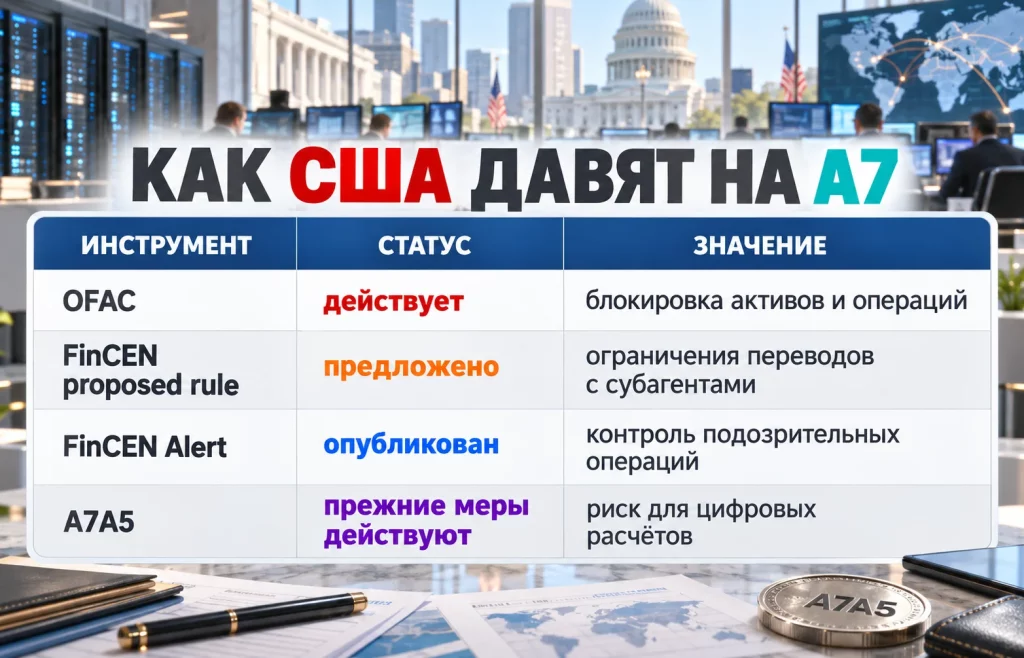 Санкции США против A7: FinCEN готовит запрет переводов 2 Таблица санкций OFAC, мер FinCEN и ограничений для A7A5