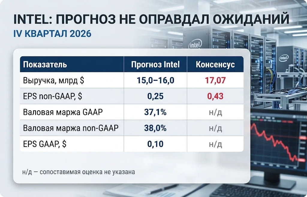  Сравнение прогноза выручки и прибыли Intel на IV квартал 2026 года с консенсусом аналитиков