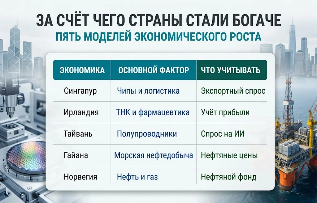 Таблица факторов экономического роста Сингапура Ирландии Тайваня Гайаны и Норвегии