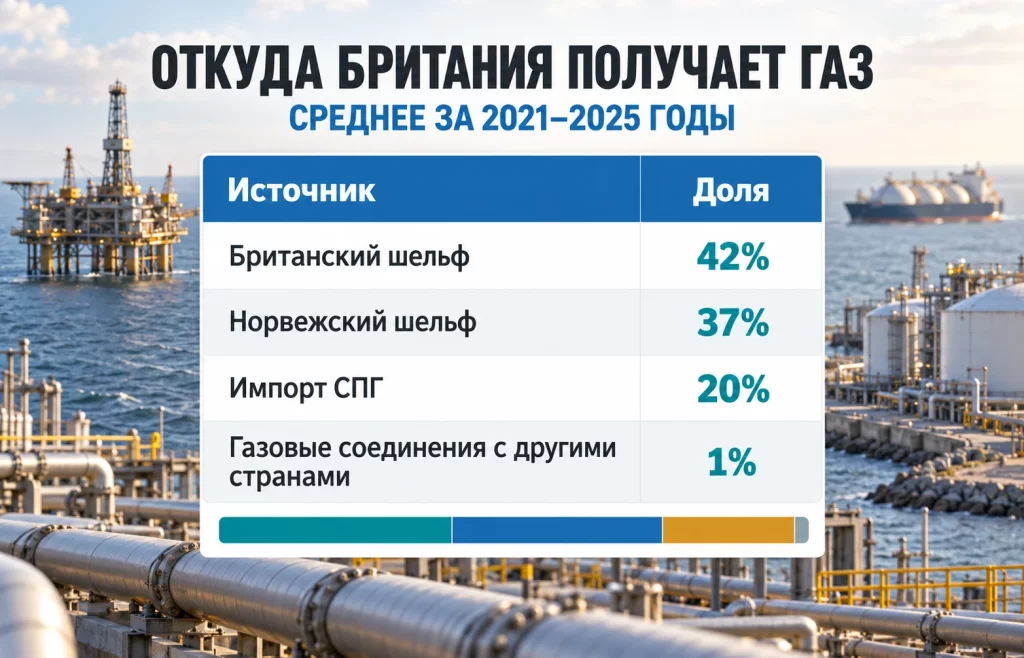 Таблица источников газа Великобритании с долями британского шельфа 42%, Норвегии 37% и СПГ 20%