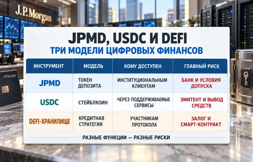 Сравнительная таблица банковского токена JPMD, стейблкоина USDC и DeFi-хранилищ по модели, доступу и рискам