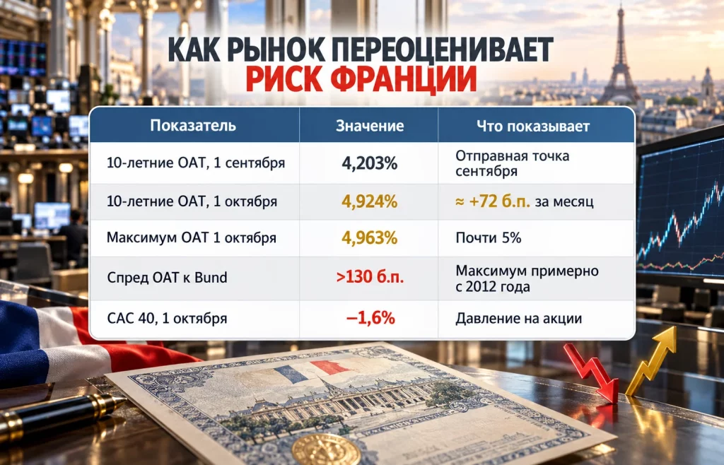 Доходность OAT выросла примерно на 72 базисных пункта за сентябрь 2026 года