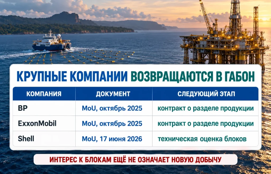 Нефть Габона: новый источник баррелей для мирового рынка? 1 Таблица статуса BP ExxonMobil и Shell в глубоководных нефтяных проектах Габона