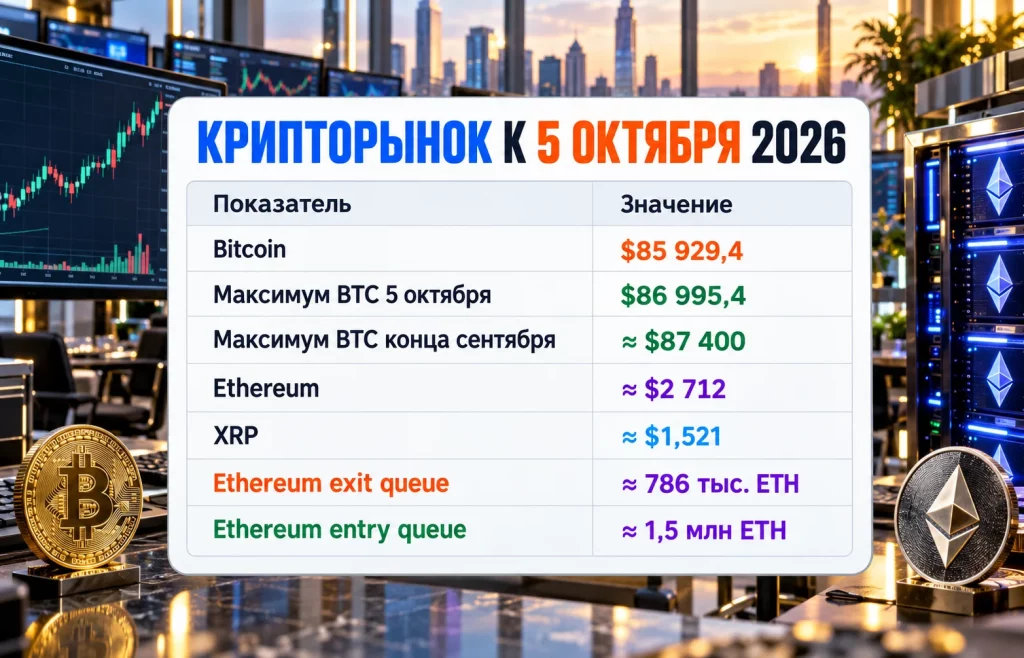 Цена Bitcoin Ethereum XRP и очереди стейкинга Ethereum 5 октября 2026 года