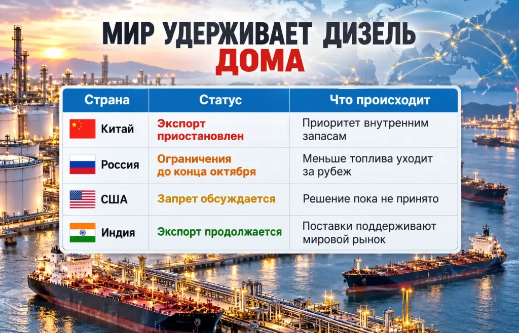 Сравнение политики Китая, России, США и Индии по экспорту дизельного топлива
