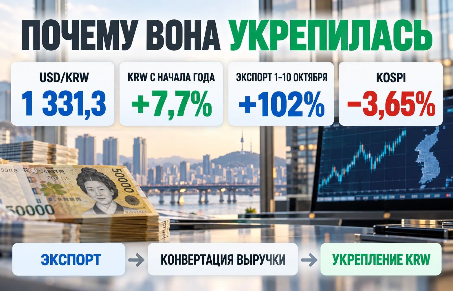 Курс воны к доллару укрепился: USD/KRW упал к 1 331