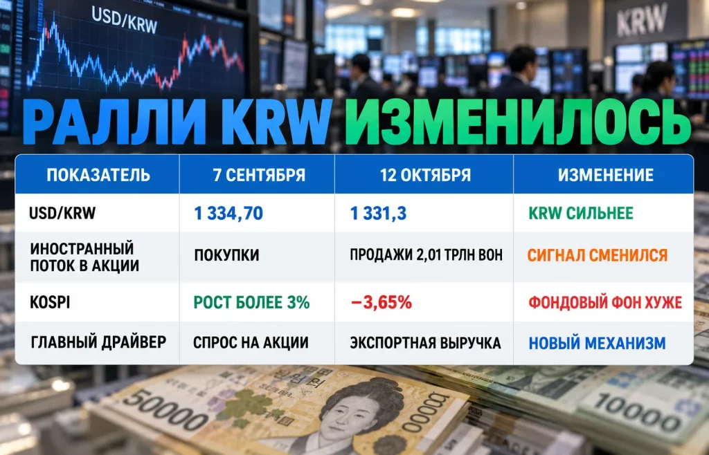 Курс воны к доллару укрепился: USD/KRW упал к 1 331 1 Сравнение USD/KRW, потоков иностранных инвесторов и KOSPI 7 сентября и 12 октября