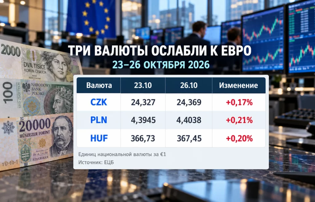 Таблица официальных курсов CZK PLN и HUF к евро 23 и 26 октября 2026 года