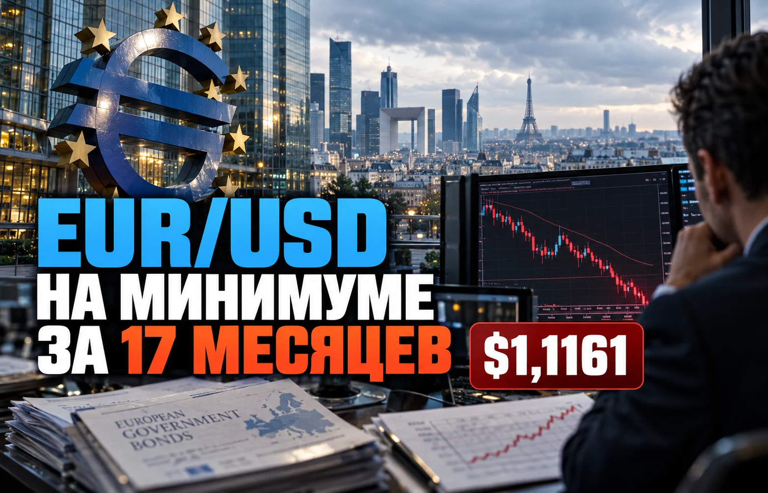 Курс EUR/USD упал до минимума за 17 месяцев