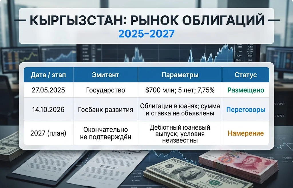 Таблица сравнения долларового размещения Кыргызстана 2025 года и планов юаневых облигаций на 2026–2027 годы