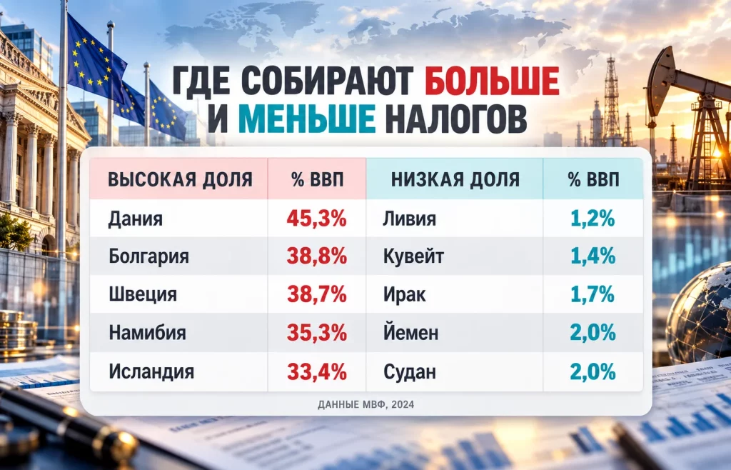 Сравнение стран с самыми высокими и низкими налоговыми поступлениями к ВВП