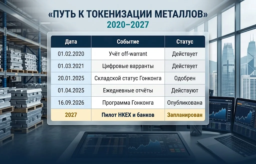 Хронологическая таблица развития складской инфраструктуры LME и планов токенизации металлов в Гонконге