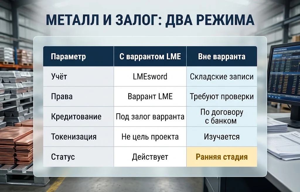 Таблица различий между биржевыми варрантами LME и запасами металлов вне системы варрантов