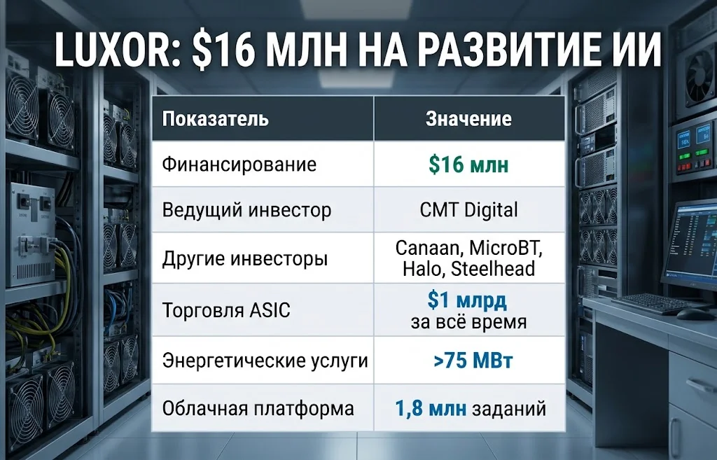 Майнеры биткоина уходят в ИИ: сделки свыше $100 млрд 1 Таблица финансирования Luxor на 16 млн долларов с инвесторами и показателями бизнеса