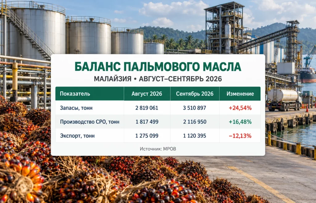 Запасы пальмового масла: склады Малайзии переполнены 1 Сравнение запасов, производства и экспорта пальмового масла Малайзии за август и сентябрь 2026 года