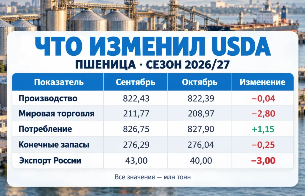 Таблица производства, торговли, потребления, запасов и экспорта пшеницы по прогнозам USDA за сентябрь и октябрь 2026 года