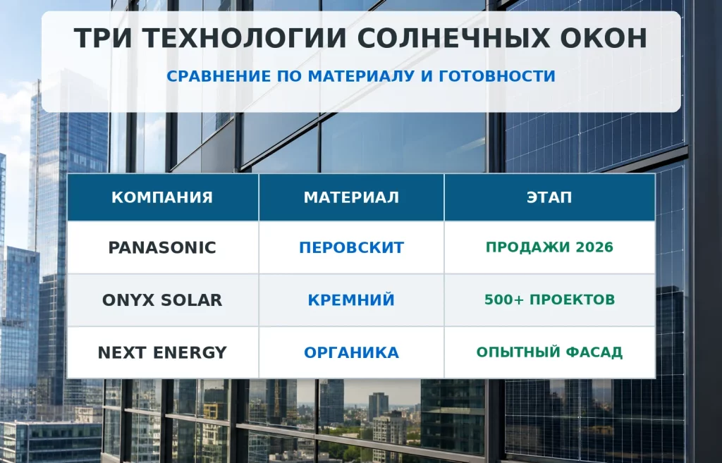 Перовскит: как солнечные окна Panasonic превращают свет в ток 1 Таблица сравнения перовскитного остекления Panasonic кремниевых решений Onyx Solar и органических модулей NEXT Energy