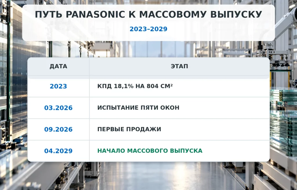 Перовскит: как солнечные окна Panasonic превращают свет в ток 2 Таблица ключевых дат Panasonic от эффективности перовскита 18,1% в 2023 году до массового выпуска в 2029 году