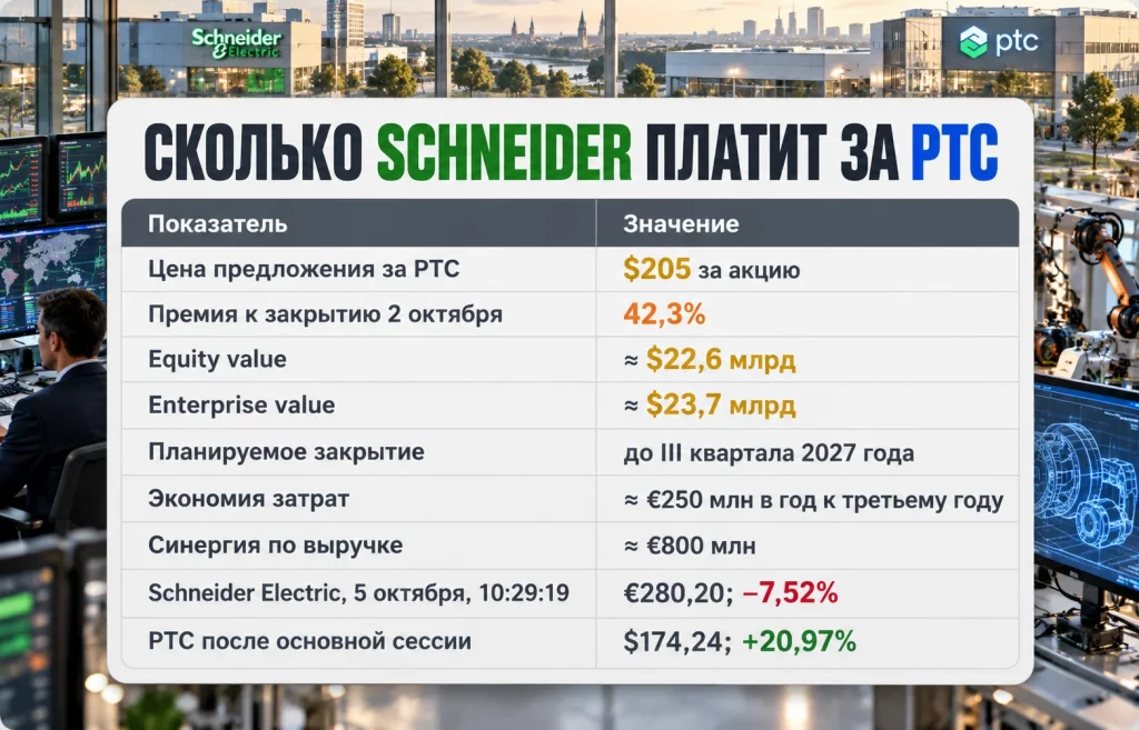 Цена покупки PTC, синергии и реакция акций Schneider Electric и PTC